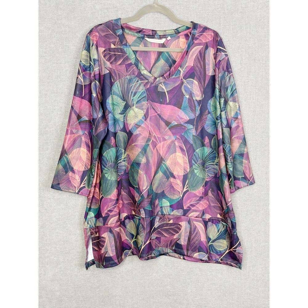 Soft Surroundings Top Women Extra Large Purple Pink Floral Leaf Print Knit Tunic